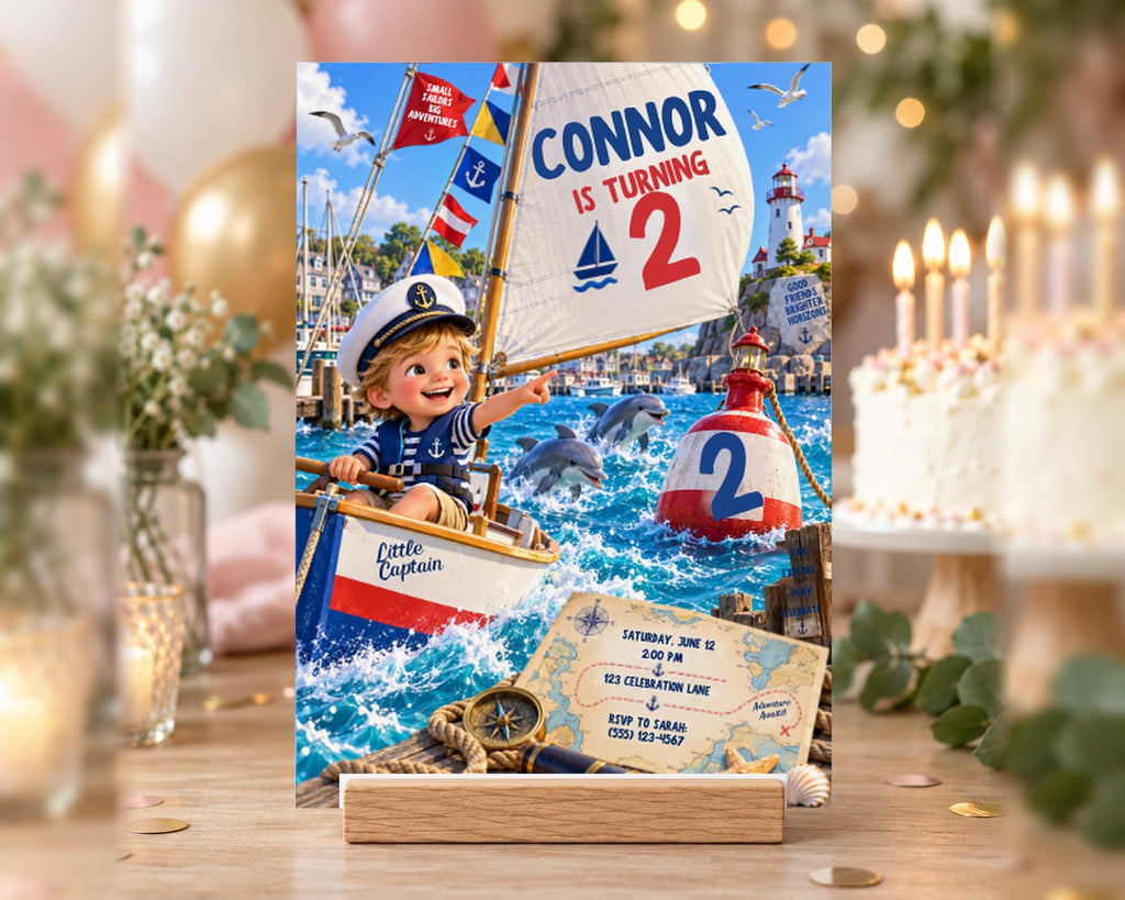 A birthday party invitation featuring a cartoon image of a young boy in a boat, with a sailboat, lighthouse, and other nautical elements. The boy appears to be smiling and waving, and the text on the invitation indicates that it is a "Connor is Turning 2" party.