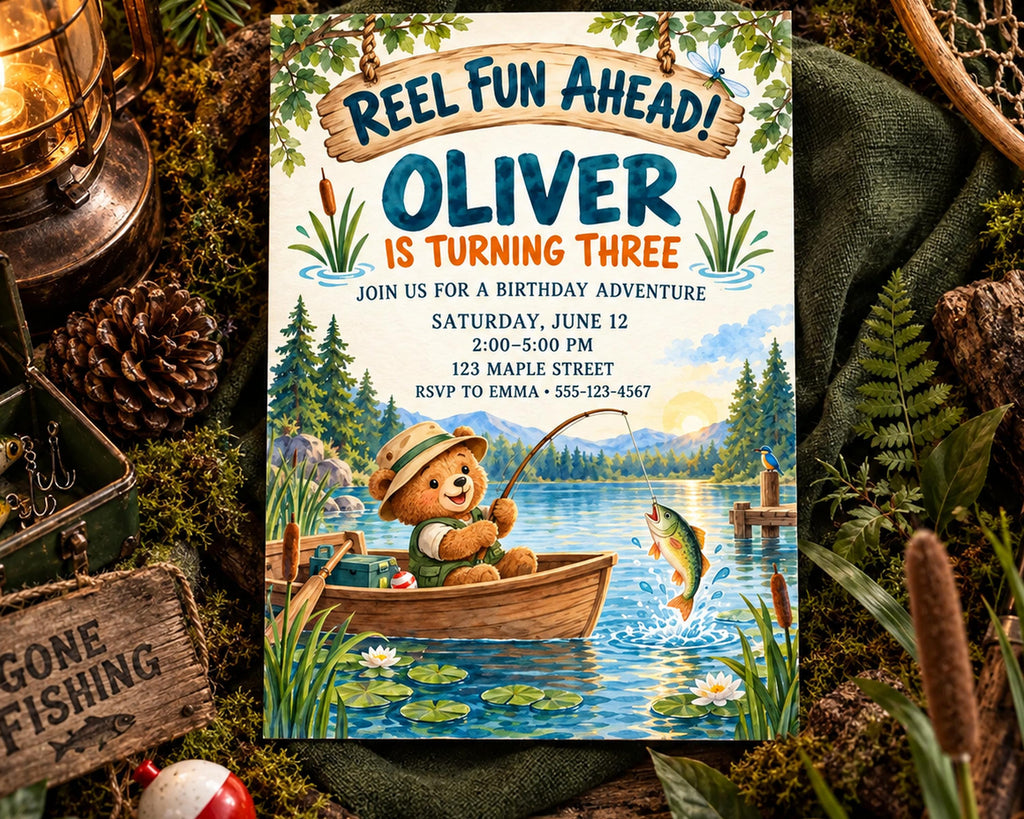 The image is a birthday invitation for a child named Oliver, who is turning three years old. The invitation features a teddy bear fishing in a boat on a lake, surrounded by nature elements such as pine cones and ferns. The invitation invites guests to a birthday adventure and provides details about the event, including the date, time, location, and RSVP information.