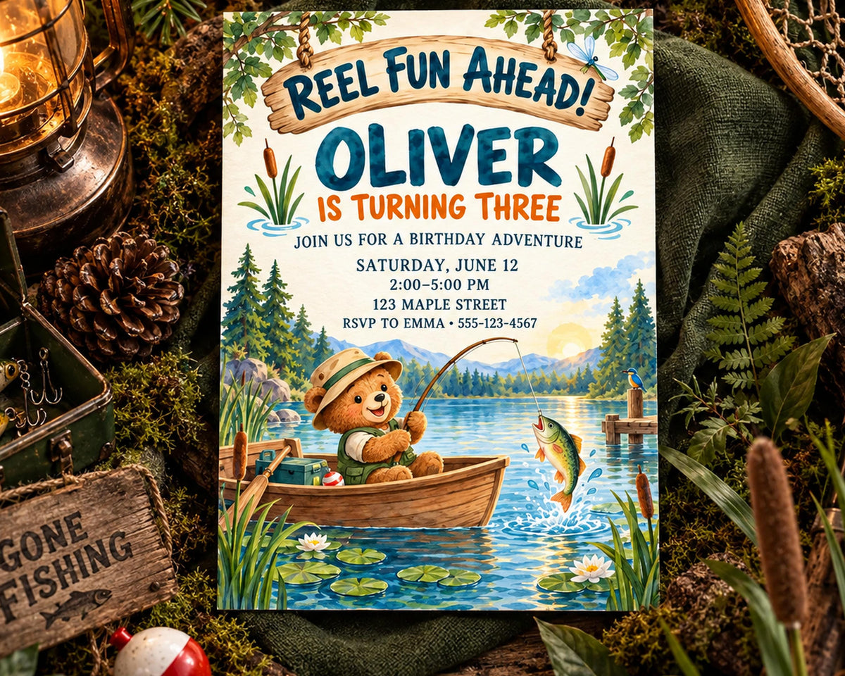 The image is a birthday invitation for a child named Oliver, who is turning three years old. The invitation features a teddy bear fishing in a boat on a lake, surrounded by nature elements such as pine cones and ferns. The invitation invites guests to a birthday adventure and provides details about the event, including the date, time, location, and RSVP information.