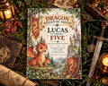 The image is a birthday invitation for a young boy named Lucas, who is turning five years old. The invitation features a dragon and castle theme, with the text "Dragon Adventure Awaits!" and "Lucas is Turning Five" prominently displayed.