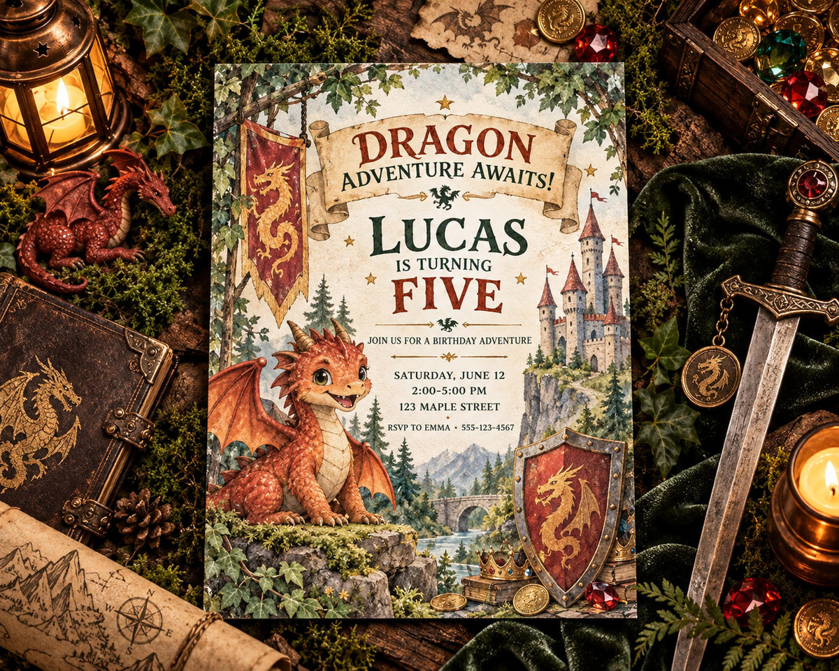 The image is a birthday invitation for a young boy named Lucas, who is turning five years old. The invitation features a dragon and castle theme, with the text "Dragon Adventure Awaits!" and "Lucas is Turning Five" prominently displayed.