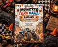 The image is a birthday invitation for a child named Lucas, who is turning five years old. The invitation features a monster truck theme, with a large truck and a race track depicted on the cover. The invitation is surrounded by various monster truck-related items, such as toy trucks, tires, and cones, creating a playful and adventurous atmosphere.