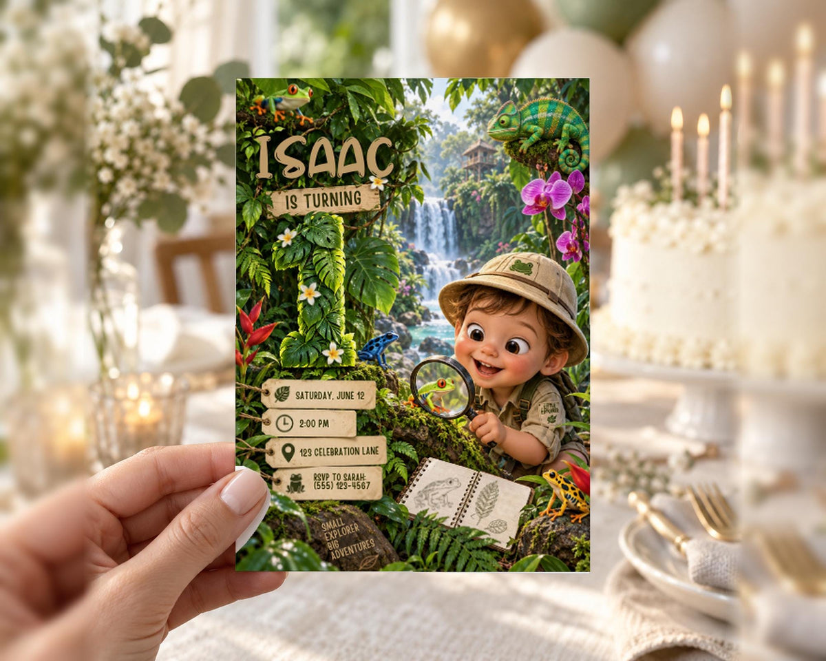 A hand holding a birthday invitation card with a jungle theme, featuring a young child wearing a safari hat and surrounded by lush greenery, flowers, and a waterfall.