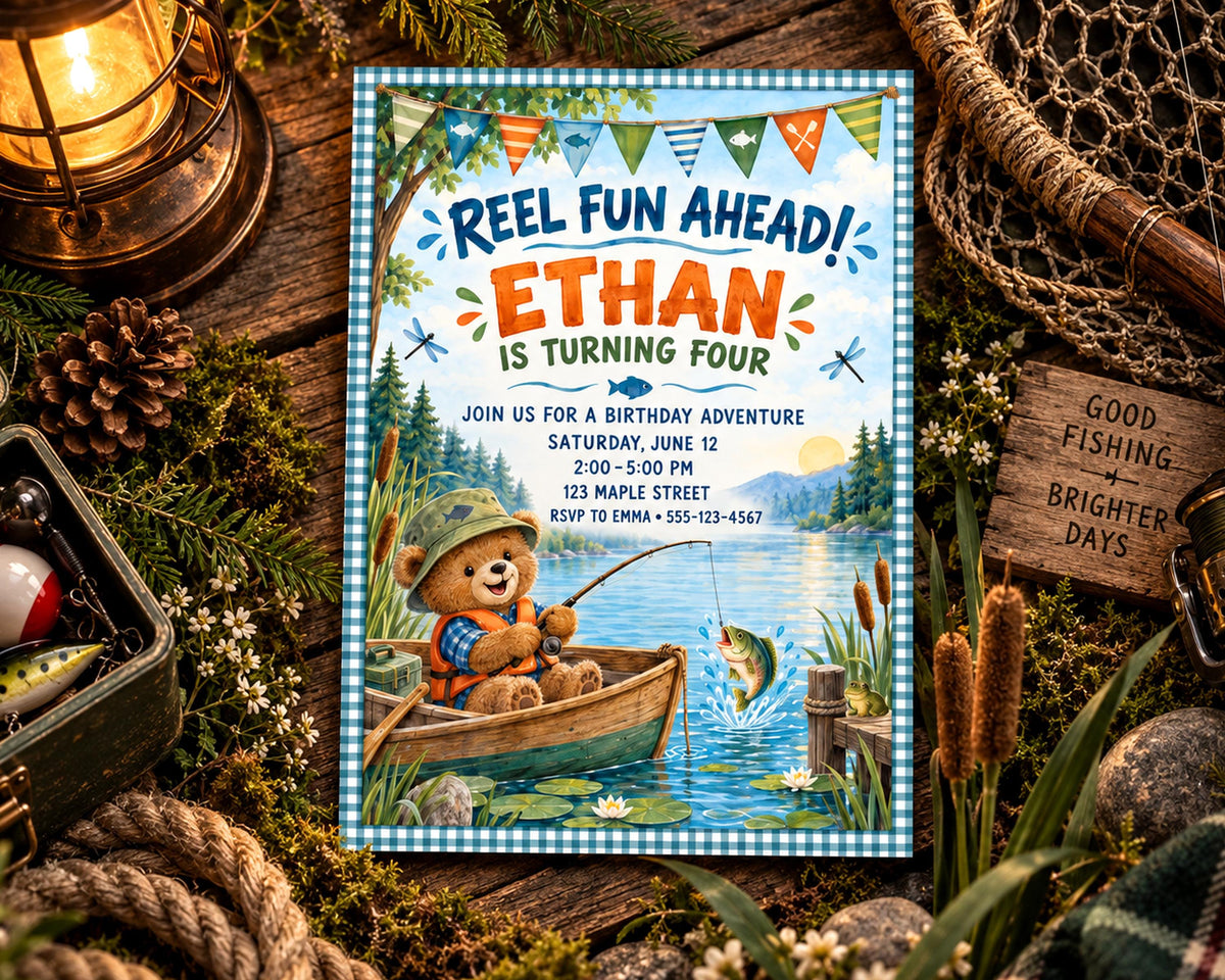 The image is a birthday invitation for a boy named Ethan, featuring a teddy bear fishing in a boat on a lake.