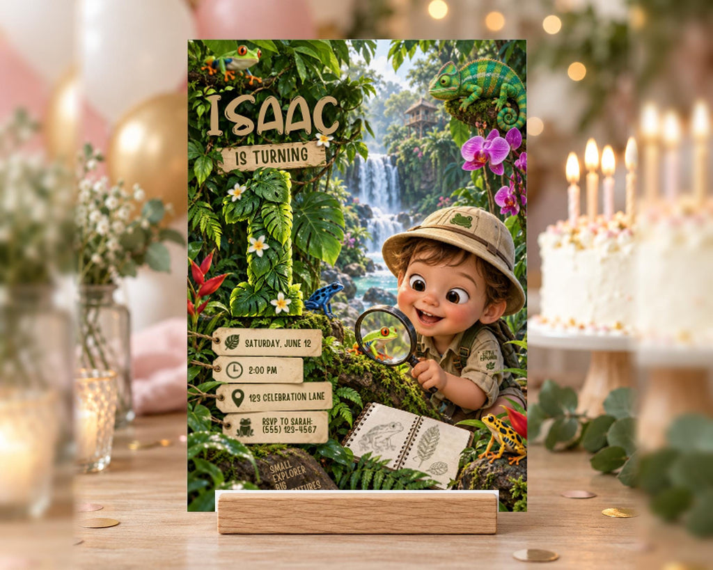 A birthday party invitation featuring a young boy dressed as a safari explorer, surrounded by jungle elements and a waterfall.