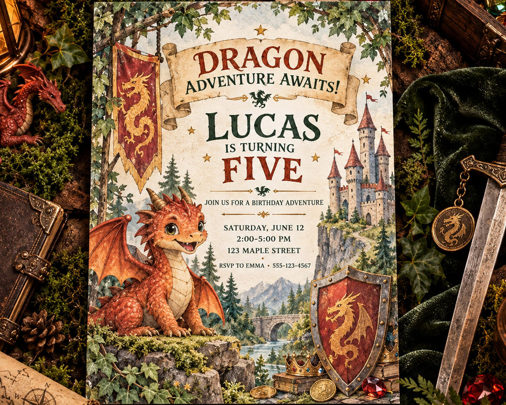 The image is a birthday invitation for a child named Lucas, featuring a dragon and a castle.