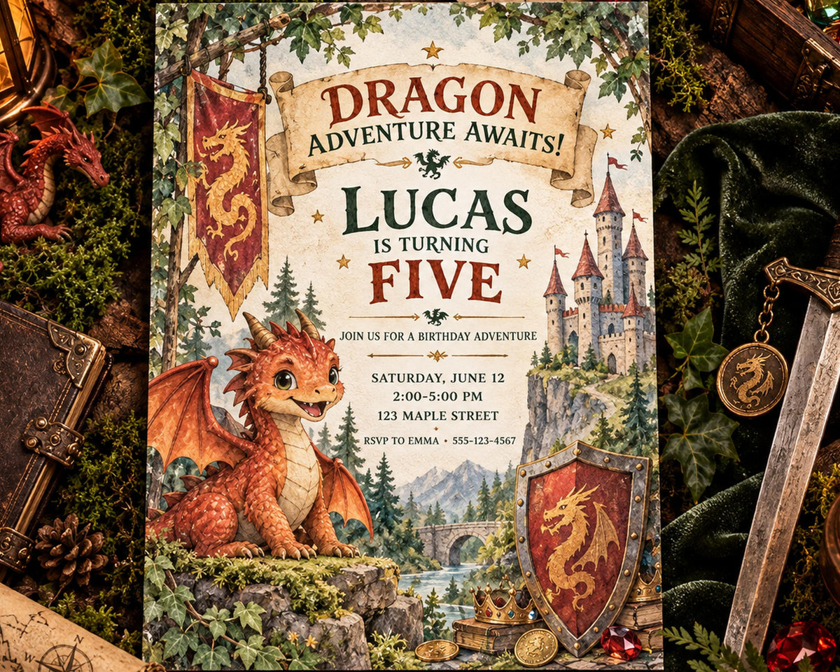 The image is a birthday invitation for a child named Lucas, featuring a dragon and a castle.
