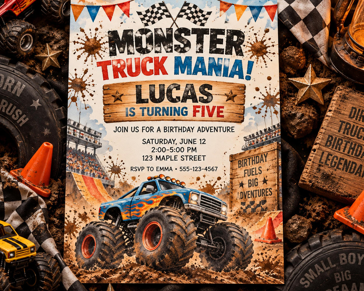 The image is a birthday party invitation for a child named Lucas, who is turning five years old. The invitation features a large truck and other monster-themed elements, such as a race track and a dirt-covered truck.