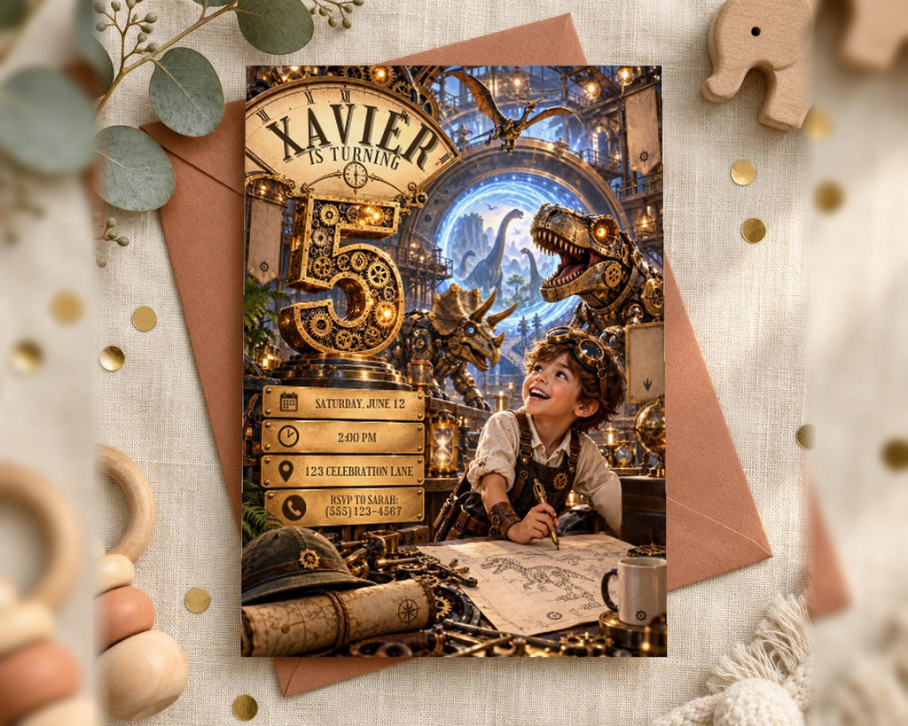A birthday invitation for a 5-year-old boy named Xavier, featuring a steampunk theme with a dinosaur, gears, and a clock.