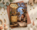 A birthday invitation for a 5-year-old boy named Xavier, featuring a steampunk theme with a dinosaur, gears, and a clock.