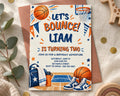 The image is a birthday invitation for a basketball-themed party, featuring illustrations of basketballs, a basketball hoop, and various sports equipment.