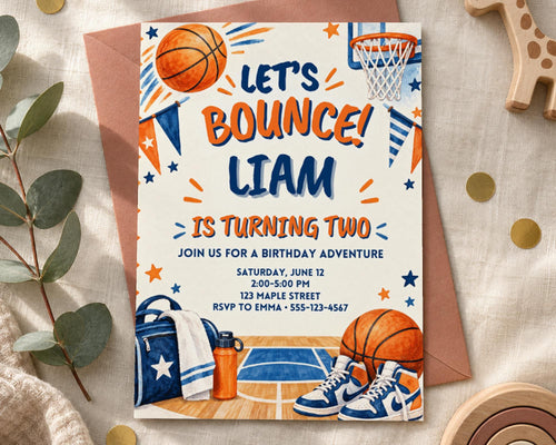 The image is a birthday invitation for a basketball-themed party, featuring illustrations of basketballs, a basketball hoop, and various sports equipment.