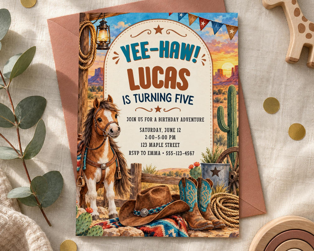 The image is a birthday invitation for a five-year-old named Lucas, featuring a cowboy theme with a horse, cowboy hat, and other western-themed elements.