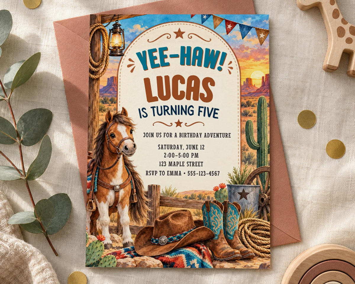 The image is a birthday invitation for a five-year-old named Lucas, featuring a cowboy theme with a horse, cowboy hat, and other western-themed elements.