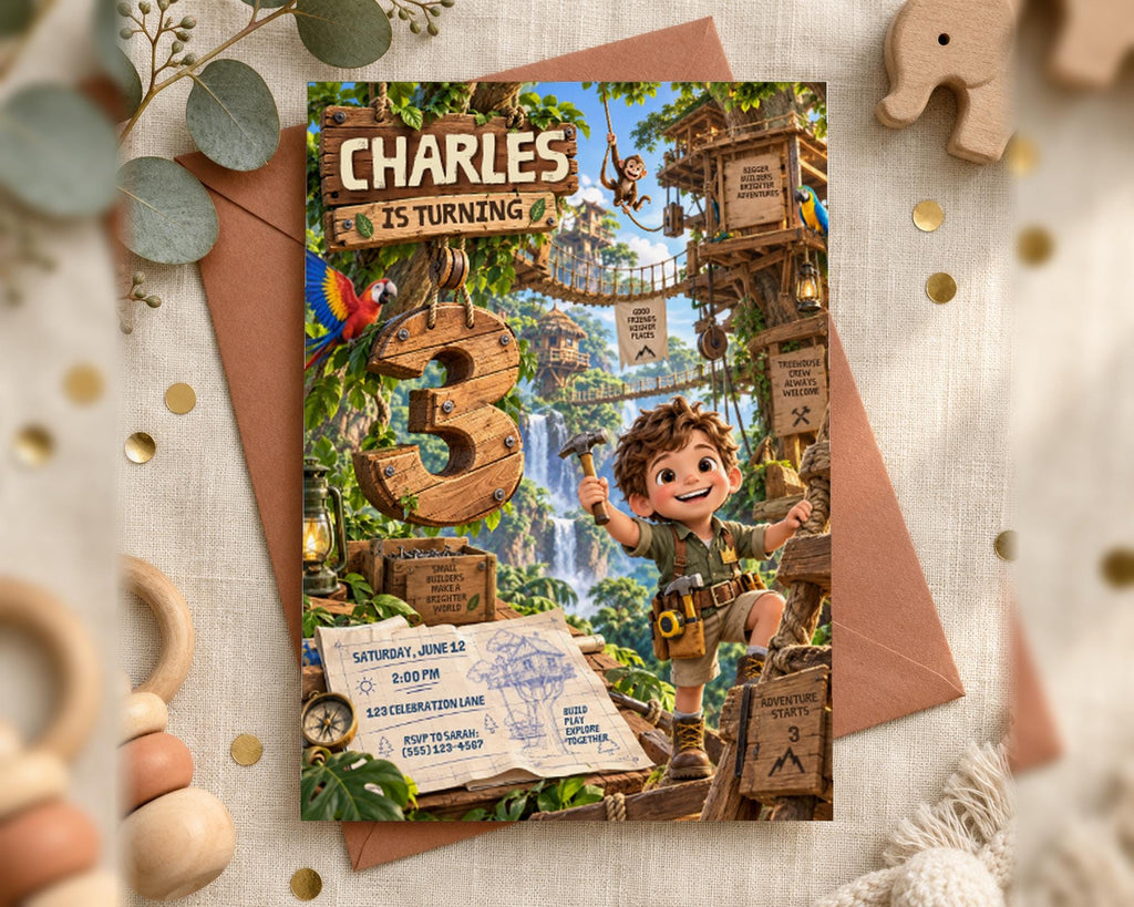 A birthday invitation featuring a cartoon character, likely a young boy, surrounded by jungle elements and a wooden structure. The text on the invitation indicates that the event is for a child's birthday celebration.