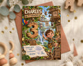 A birthday invitation featuring a cartoon character, likely a young boy, surrounded by jungle elements and a wooden structure. The text on the invitation indicates that the event is for a child's birthday celebration.