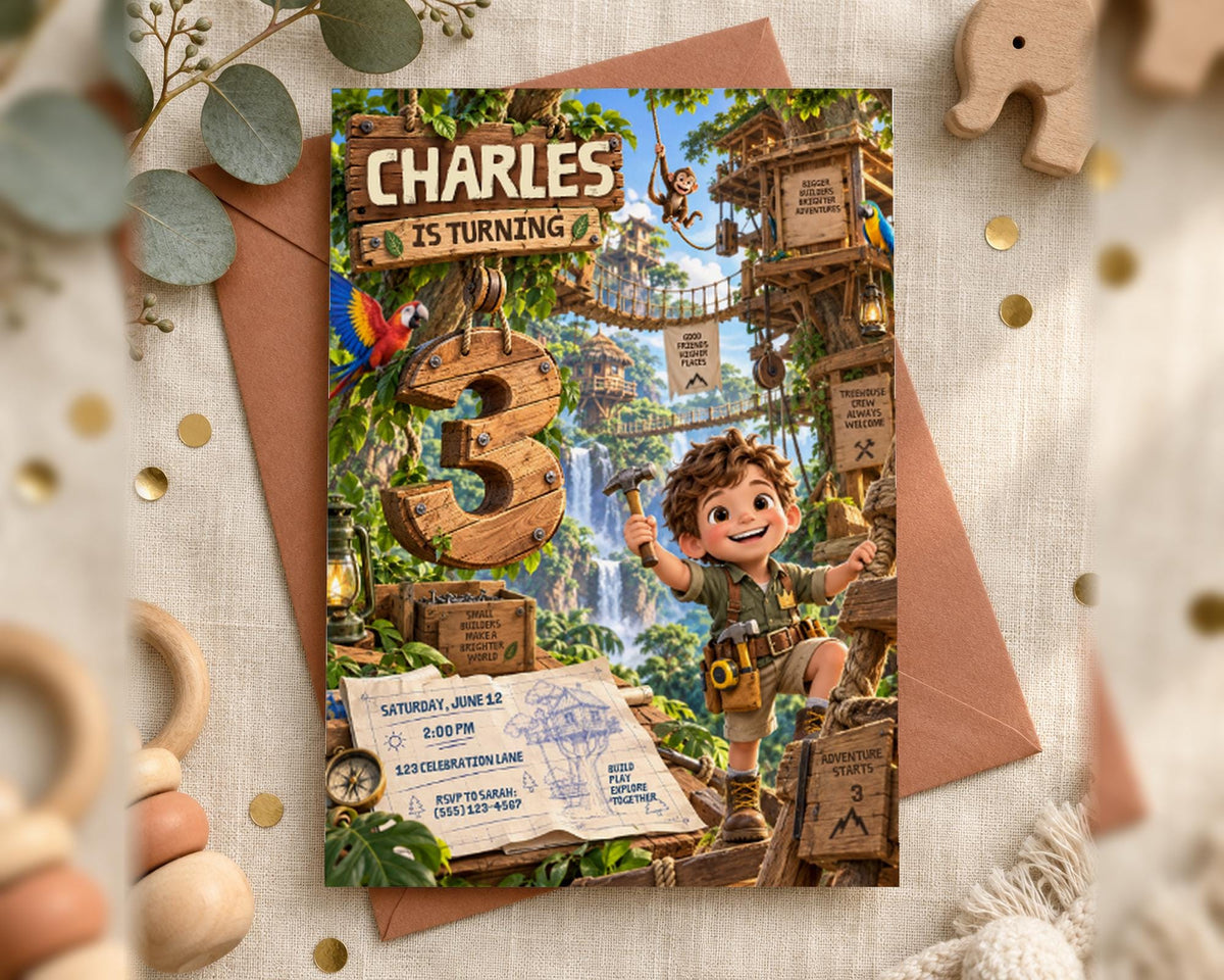 A birthday invitation featuring a cartoon character, likely a young boy, surrounded by jungle elements and a wooden structure. The text on the invitation indicates that the event is for a child's birthday celebration.