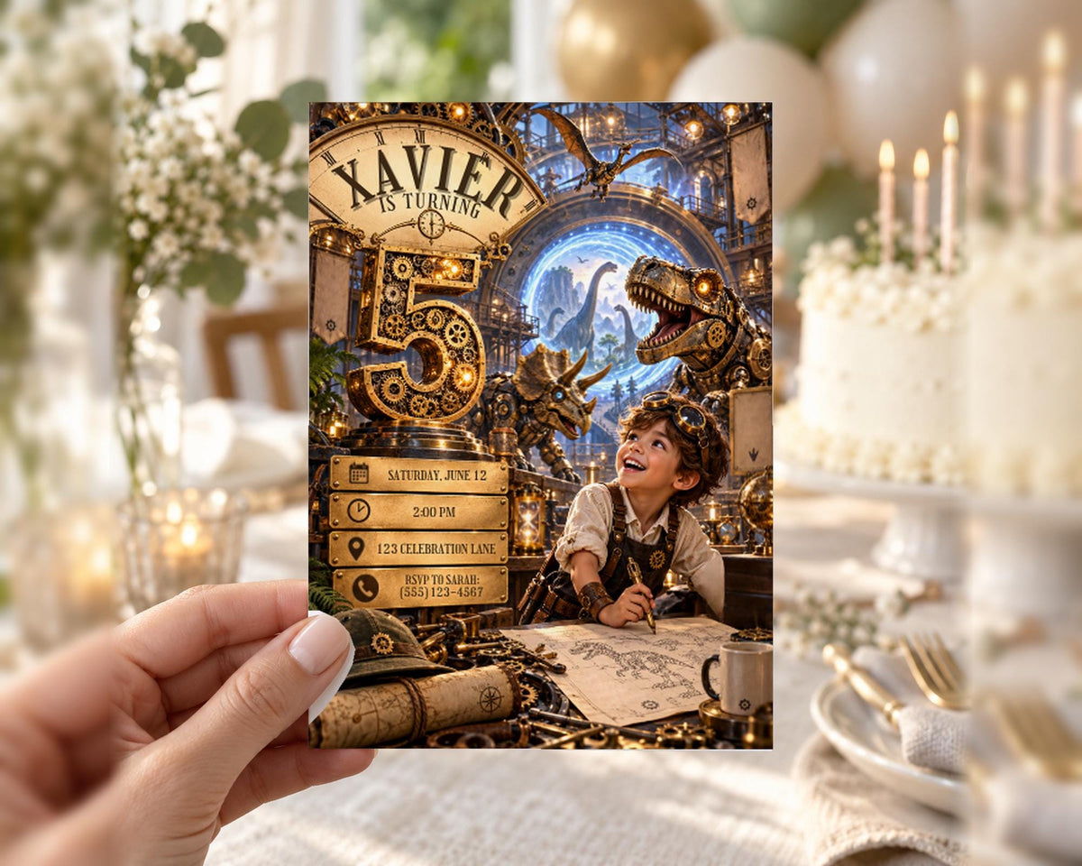 A birthday party invitation featuring a young boy sitting at a table with a dinosaur and a clock, surrounded by a steampunk-themed background with gears, clocks, and other mechanical elements.