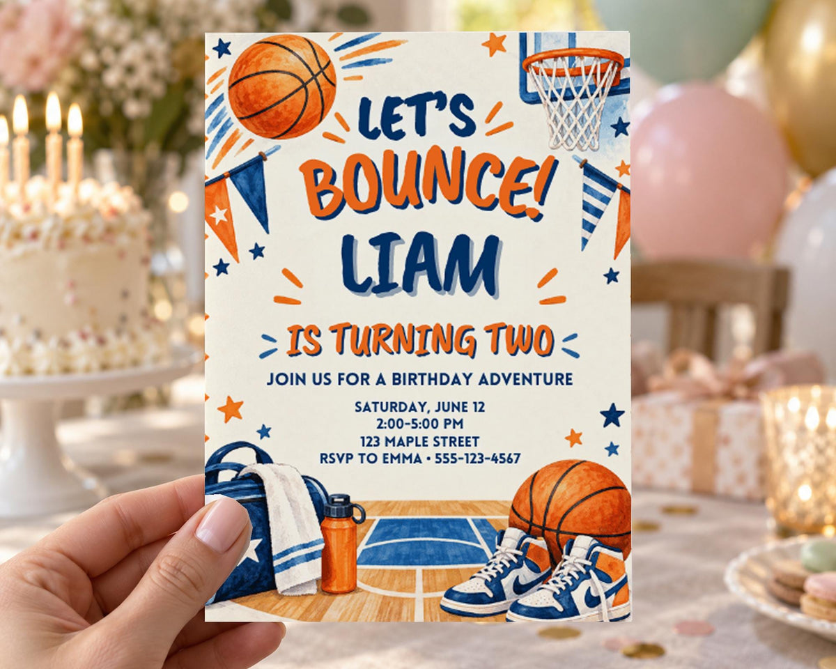 The image is a birthday party invitation for a boy named Liam, featuring basketball and sports-themed decorations.