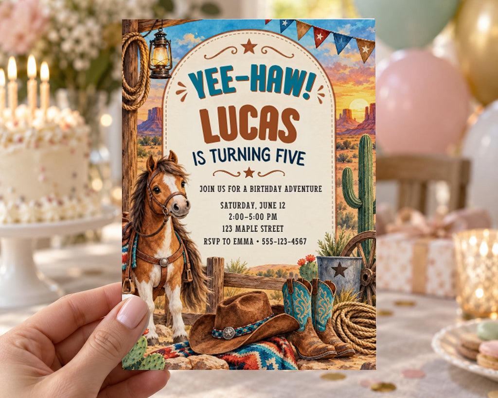 The image is a birthday invitation for a five-year-old named Lucas, featuring a cowboy theme with a horse, cowboy hat, and other western-themed items.