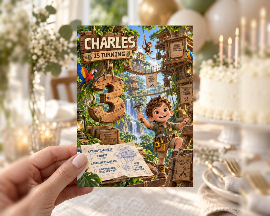 A hand holding a birthday invitation card with a jungle theme, featuring a cartoon character and a waterfall.