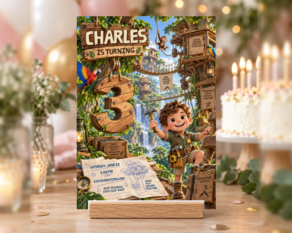A birthday party invitation featuring a cartoon character, with a jungle theme and the number 3. The invitation is displayed on a wooden stand, surrounded by decorations and a cake.