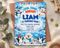 The image is a birthday invitation for a boy named Liam, who is turning four. The invitation features illustrations of penguins and a polar bear, along with the text "Cool times ahead! Liam is turning four" and details about the birthday party, including the date, time, location, and RSVP information.