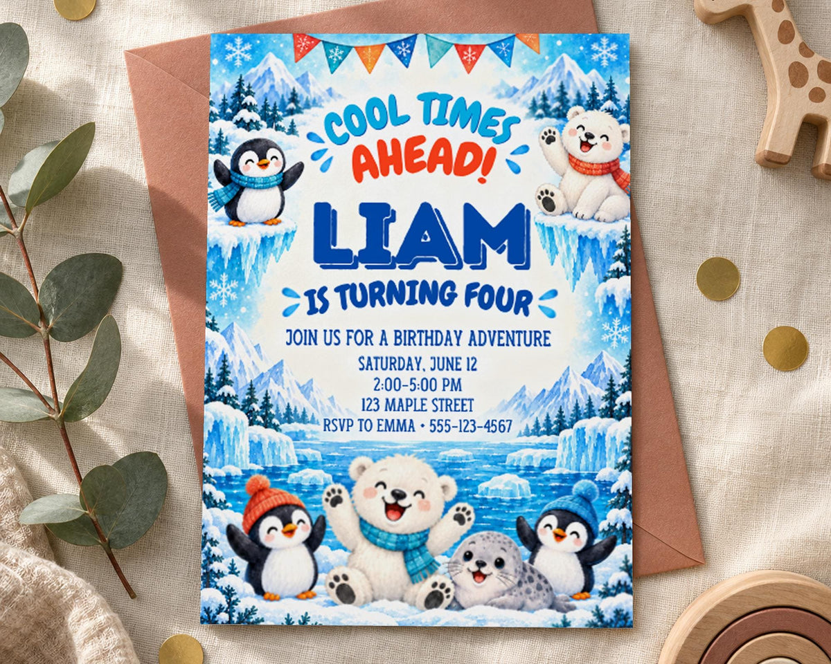 The image is a birthday invitation for a boy named Liam, who is turning four. The invitation features illustrations of penguins and a polar bear, along with the text "Cool times ahead! Liam is turning four" and details about the birthday party, including the date, time, location, and RSVP information.