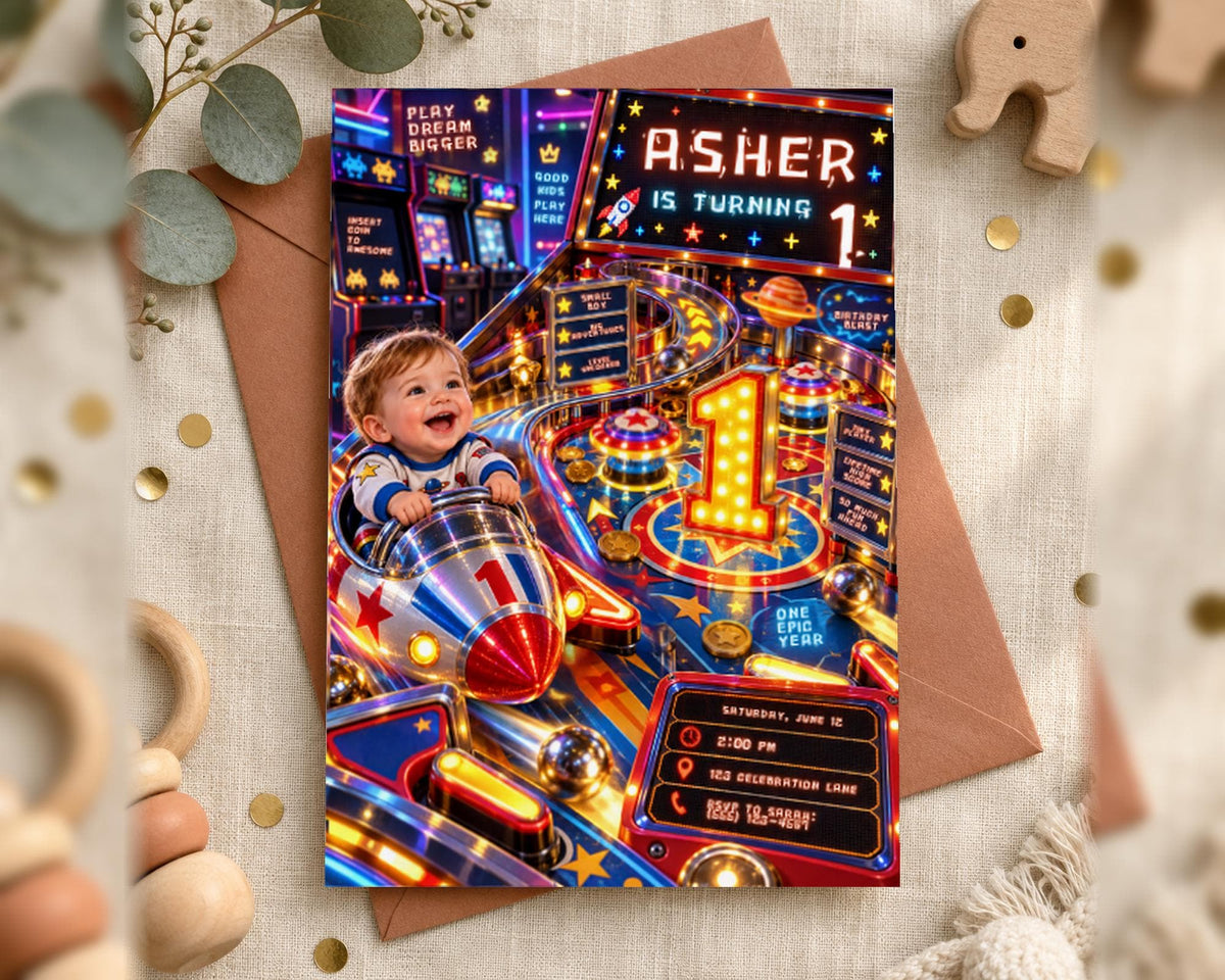 A colorful birthday invitation featuring a young child riding a rocket-shaped pinball machine, surrounded by stars and confetti.