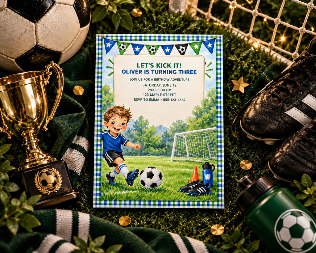a birthday party invitation for Oliver, who is turning three, surrounded by soccer-related items such as a trophy, soccer ball, and soccer cleats.