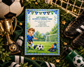 a birthday party invitation for Oliver, who is turning three, surrounded by soccer-related items such as a trophy, soccer ball, and soccer cleats.