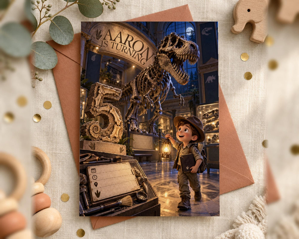 A birthday card featuring a young boy standing next to a large dinosaur skeleton, with a sign that reads "AARON IS TURNING". The boy appears to be looking at the skeleton with curiosity and excitement.