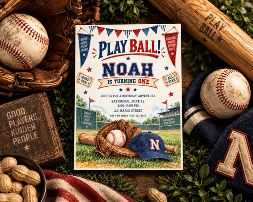 a birthday party invitation for a baseball-themed event, with various baseball-related items such as a baseball bat, baseball gloves, and baseballs surrounding the invitation.