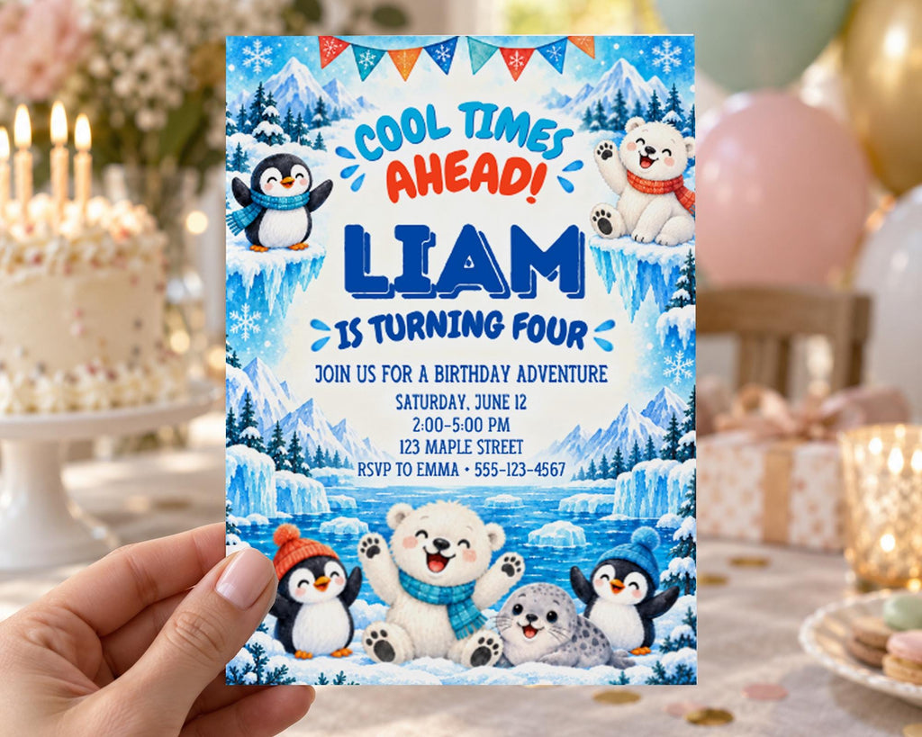 A birthday party invitation featuring a penguin theme, with the text "Cool times ahead! Liam is turning four" and details about the event.