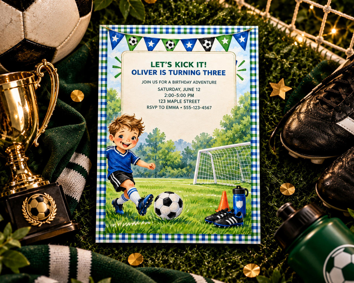 The image is a birthday party invitation featuring a young boy playing soccer, surrounded by sports equipment such as a soccer ball, trophy, and soccer cleats.
