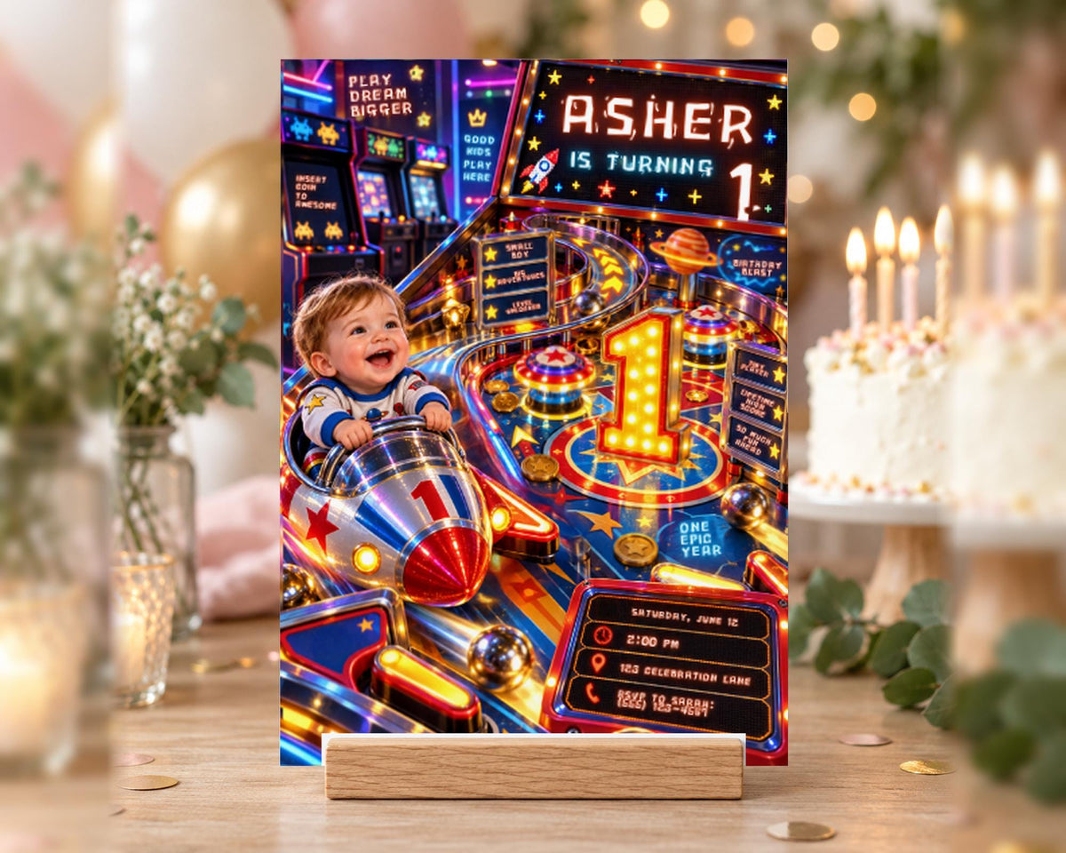 A birthday party invitation featuring a young child riding a rocket ship on a pinball machine, surrounded by colorful lights and decorations.