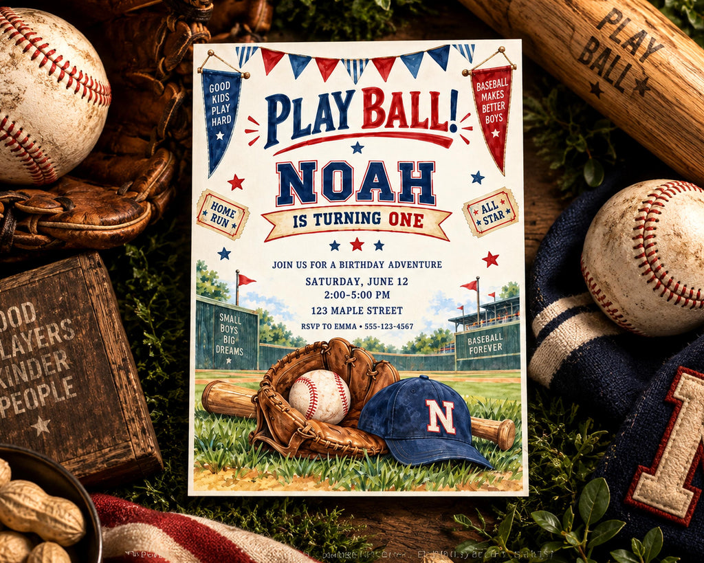 The image is a birthday invitation for a boy named Noah, featuring baseball-themed decorations and elements such as baseballs, gloves, and a banner.