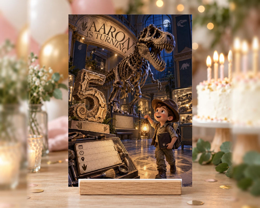 A birthday party scene with a dinosaur skeleton, a young boy, and a cake with lit candles.