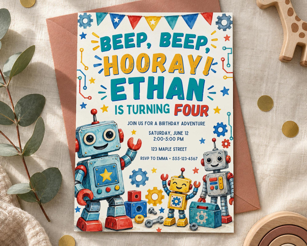 The image is a birthday invitation featuring a robot theme, with the text "BEEP, BEEP, HOORAY! ETHAN IS TURNING FOUR" prominently displayed. The invitation also includes details about a birthday party on Saturday, June 12 at 2:00-5:00 PM at 123 Maple Street, with an RSVP to Emma at 555-12456.