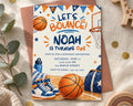 The image is a birthday invitation for a boy named Noah, featuring a basketball theme with illustrations of basketballs, sneakers, and a basketball hoop.
