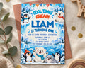 The image is a birthday invitation for a boy named Liam, featuring illustrations of penguins and polar bears, along with a winter theme.