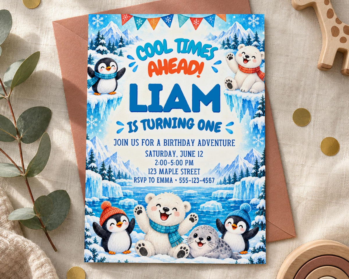 The image is a birthday invitation for a boy named Liam, featuring illustrations of penguins and polar bears, along with a winter theme.
