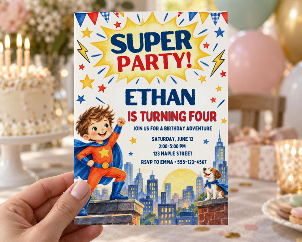 The image is a birthday party invitation for a boy named Ethan, who is turning four years old. The invitation features a superhero theme, with illustrations of a young boy dressed as a superhero and a dog. The background of the invitation includes a cityscape, adding to the overall theme of the party.
