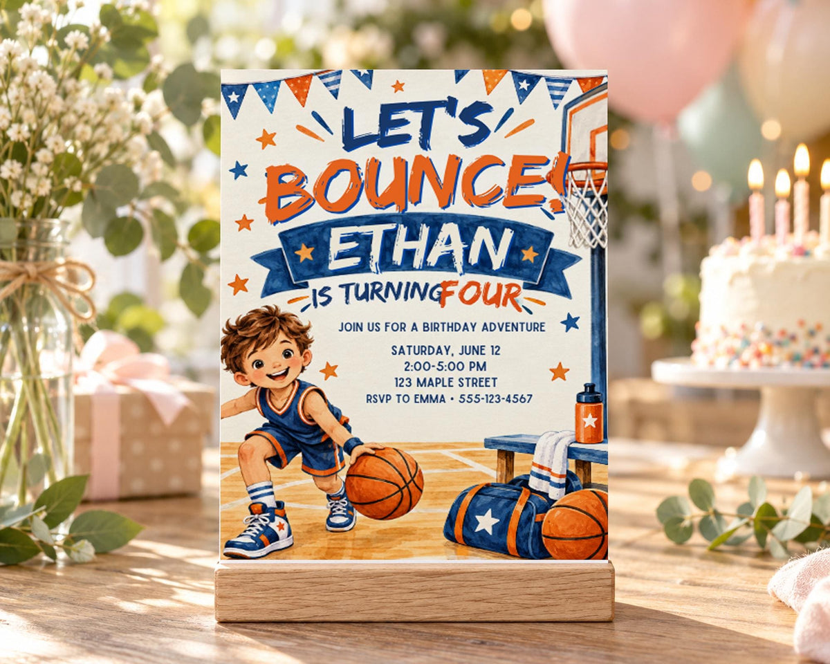 A birthday party invitation featuring a young boy playing basketball, with a basketball hoop and a basketball in the background. The text on the invitation reads "Let's bounce Ethan is turning four" and provides details about the birthday party, including the date, time, location, and RSVP instructions.