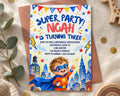 The image is a birthday party invitation for a child named Noah, who is turning three. The invitation features a superhero theme with a young boy dressed as a superhero, surrounded by a cityscape and stars.