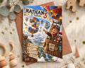 A birthday invitation for Nathan, who is turning three years old. The invitation features a cartoon image of Nathan in a hot air balloon, surrounded by various elements such as balloons, mountains, and a scenic landscape.