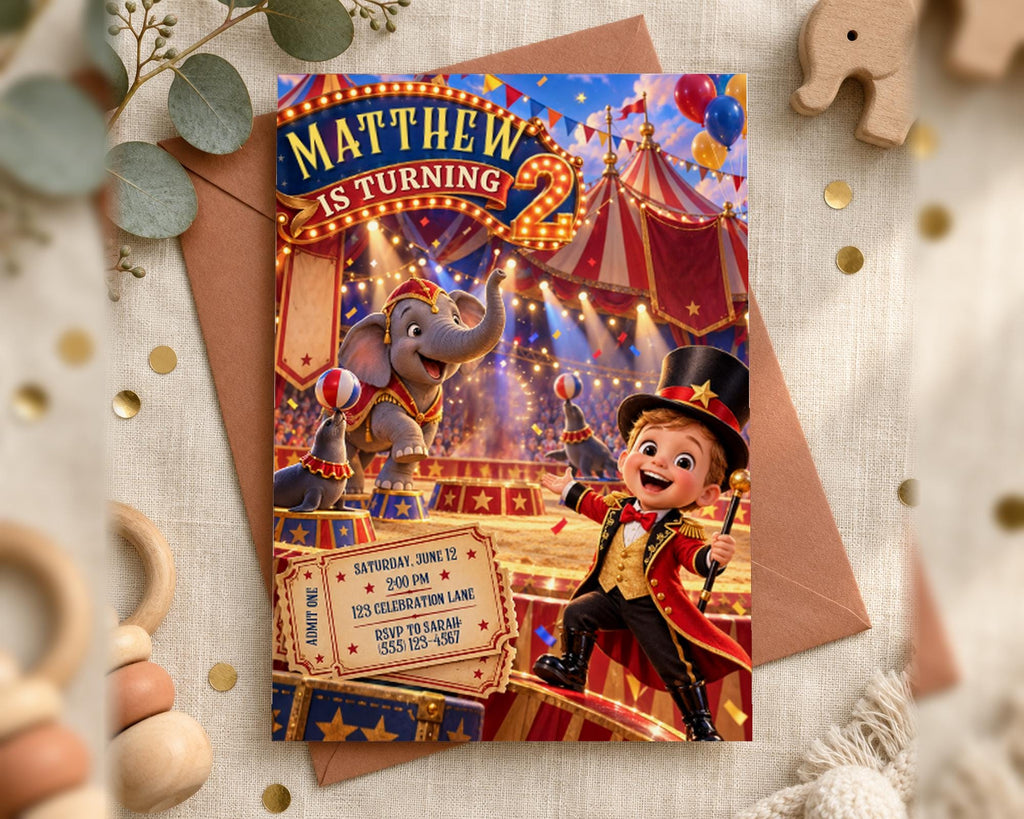 A birthday party invitation featuring a circus theme, with a cartoon elephant and a young boy dressed as a circus performer.