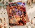 A birthday party invitation featuring a circus theme, with a cartoon elephant and a young boy dressed as a circus performer.
