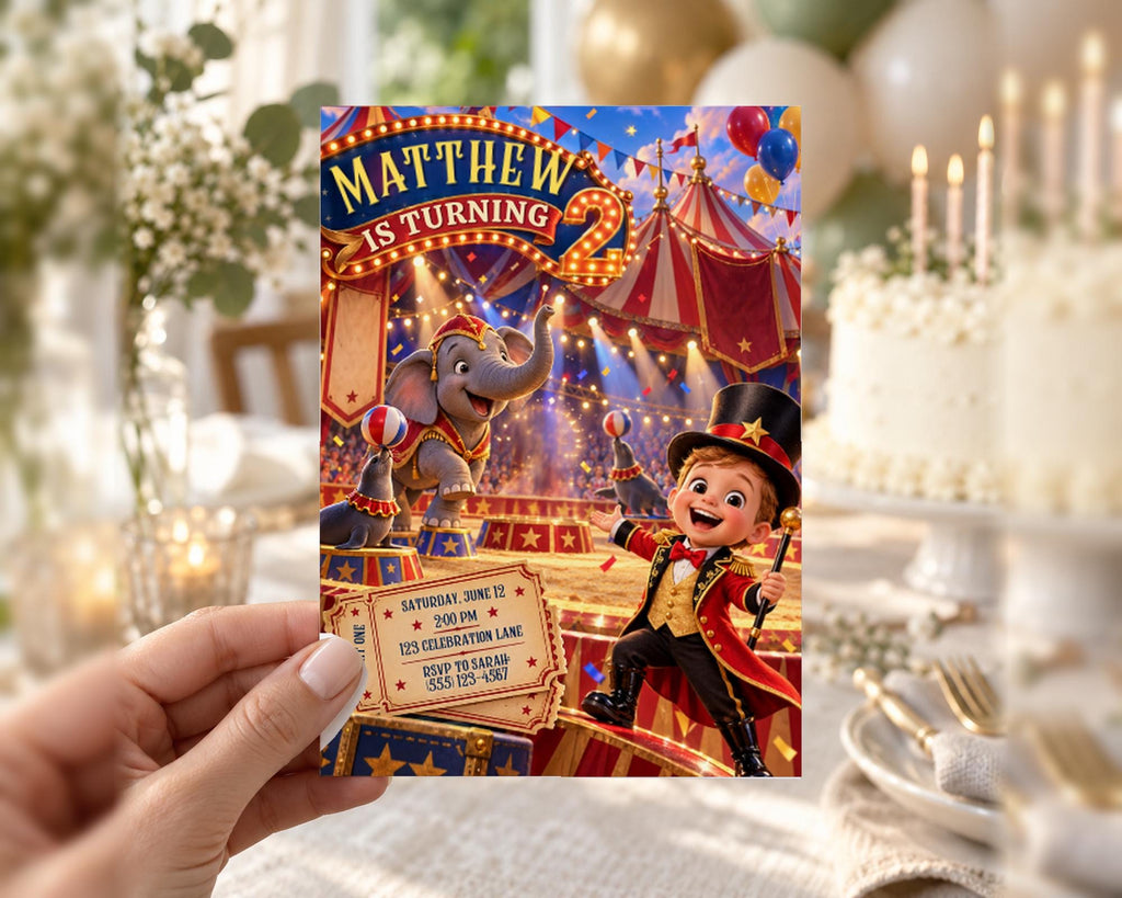 A hand holding a birthday invitation card for Matthew's 2nd birthday party, featuring circus-themed decorations and a cartoon elephant.