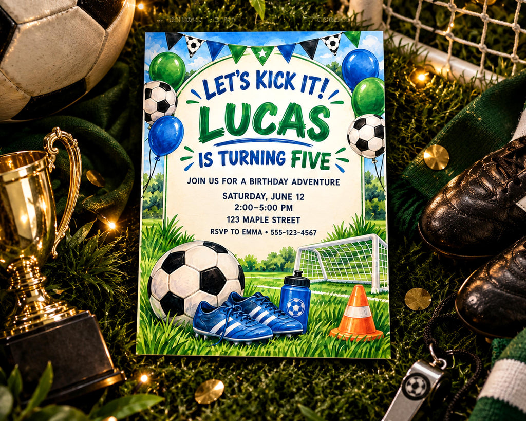 The image is a birthday party invitation for Lucas, who is turning five years old. The invitation features soccer-themed decorations, including a soccer ball, a trophy, and a pair of soccer cleats.
